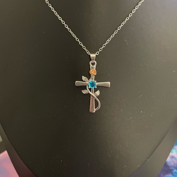Stylish Silver Necklace with Blue and Gold Cross Pendant - Picture 5 of 7